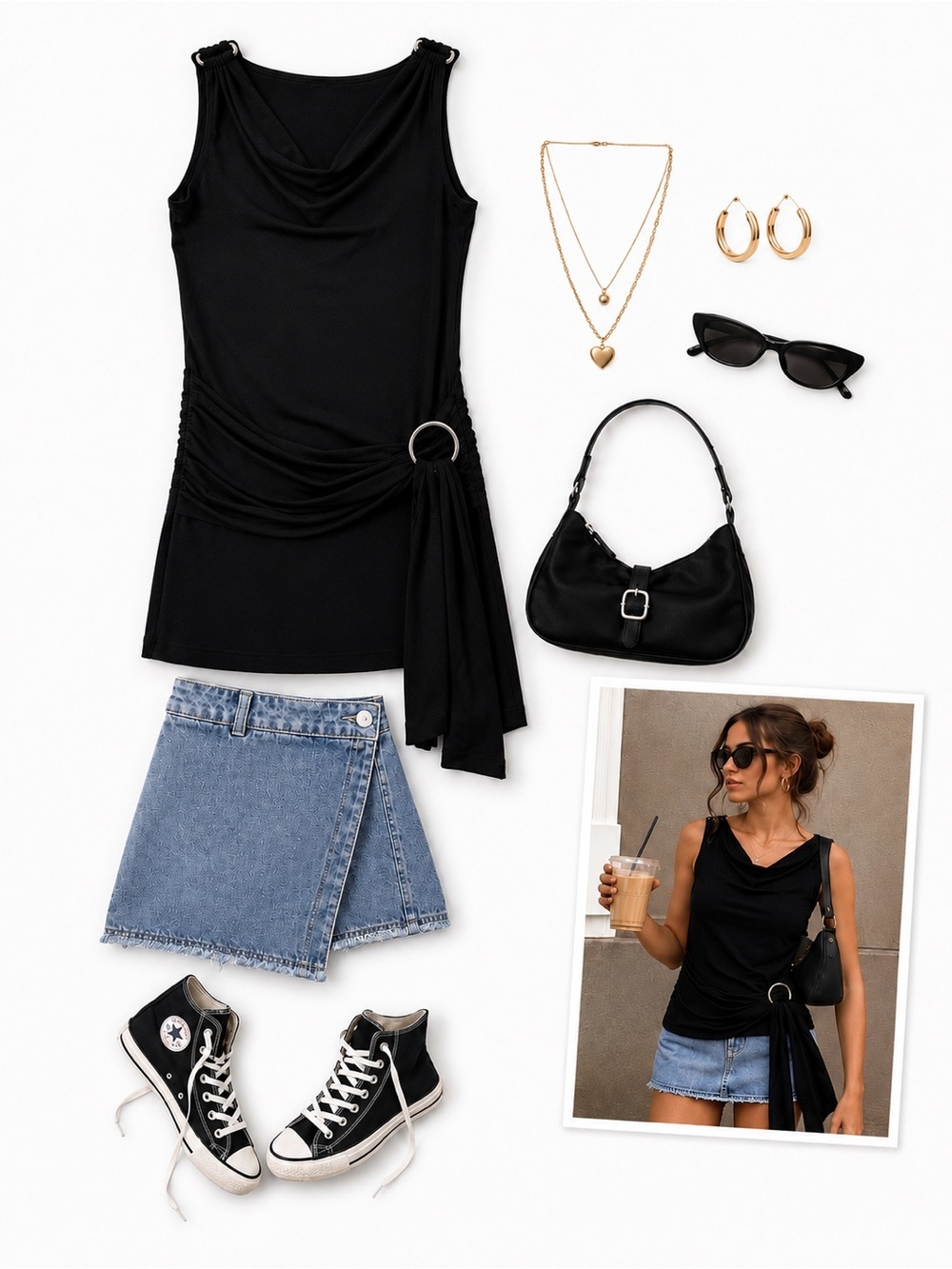 Forever 21 Y2K Black Cowl Neck Side Ring Tunic Top • Model Off Duty Vibe Medium - Picture 2 of 5